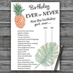 Pineapple Birthday ever or never game,Adult Birthday party game printable-fun games for her-Instant download