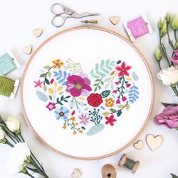 "Blossoming Love" Floral Heart Cross Stitch Pattern