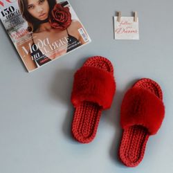 Red terry cotton shoes - Fur slippers women indoor - Christmas present for her