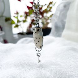 Ceramic barn owl key keeper necklace Tiny owl pendant Owl totem Miniature porcelain owl Owl lover gift Whimsical jewelry