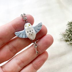Ceramic snowy owl necklace Snowy owl with key pendant Key keeper owl Owl totem necklace Owl lover gift Bird necklace