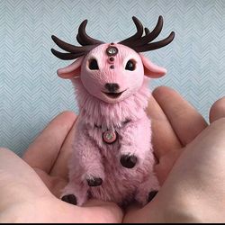 Pink deer Art doll Fantasy animal toy stuffed  miniature OOAK deer doll