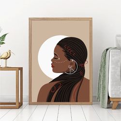 Afrofuturism DIGITAL art, black woman with braids and tribal makeup, boho poster, melanin beauty art, african art.