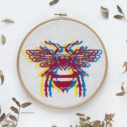 3D Bee Cross Stitch Pattern PDF, Modern Honey Bug Embroidery Pattern, Abstract Beetle, Bumblebee Chart, Instant Download