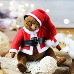 Artist Teddy bear interior toy in Santa Claus outfit, Mini bear artist teddy doll in vintage style, Ooak teddy bear