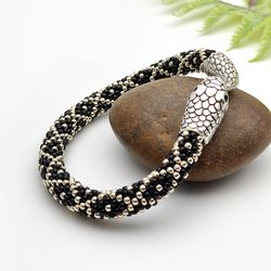 Black beaded snake bracelet, Ouroboros jewelry, Serpent bracelet