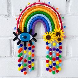 Macrame rainbow wall hanging, Colorful boho home decor, Evil eye decor, Hippie sunflower, Mushroom charm, Funny gift