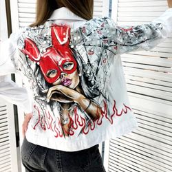 White jean jacket personalized, hand painted jacket denim, street style clothing, designer art, fabric painted clothes