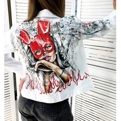 White jean jacket personalized, hand painted jacket denim, street style clothing, designer art, fabric painted clothes