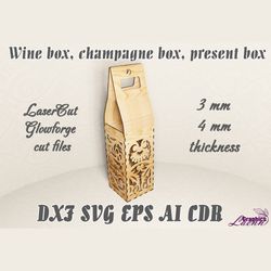 Wine box, champagne box, present box vector model for laser cut cnc plan, 3 and 4 mm, DXF CDR ai eps svg vector files,