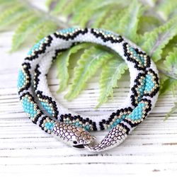Turquoise snake necklace for women, Beaded snake choker, Ouroboros necklace, Beadwork jewelry
