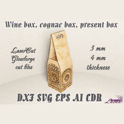 Wine box, cognac box, present box vector model for laser cut cnc plan, 3 and 4 mm, DXF CDR ai eps svg vector files