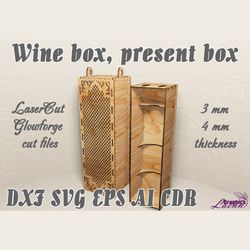 Wine box, present box vector model for laser cut vector plan, 3 and 4 mm, DXF CDR ai eps svg vector files