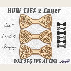 Bow ties patterned styles 2 layers set laser cut vector, cnc plan, glowforge, cricut, any thickness,DXF CDR SVG ai eps