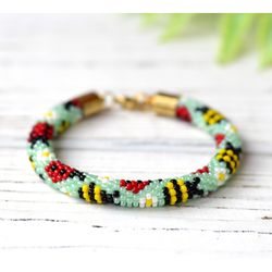 Beaded bracelet with bees and ladybugs, Seed bead bracelet, Bead crochet jewelry