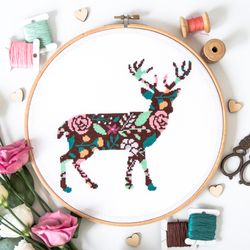 Floral Deer Cross Stitch Pattern