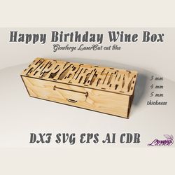 Happy Birthday Wine box, present box vector model for laser cut glowforge vector plan, 3, 4, 5 mm thicknesses, DXF CDR