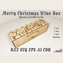 Merry Christmas Wine box, present box vector model for laser cut glowforge vector plan, 3, 4, 5 mm thicknesses, DXF CDR