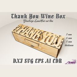 Thank you Wine box, present box vector model for laser cut glowforge vector plan, 3, 4, 5 mm thicknesses, DXF CDR ai eps
