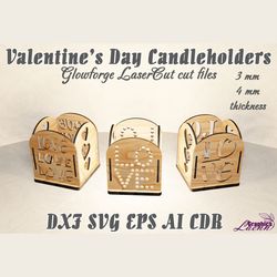 Valentines's Day Candle holder/Candlestick 3 designs glowforge laser cut cnc plan,3 and 4 mm thicknesses,DXF CDR ai svg