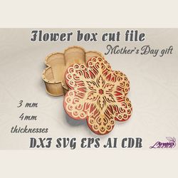 Flower box mother's day gift vector model for laser cut cnc plan, for 3, 4 mm thicknesses, DXF CDR ai eps svg cut files