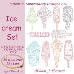 Ice cream Set 10 machine embroidery motif in 8 embroidery formats for in 15 sizes.