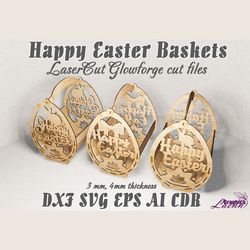 Happy Easter basket gift box 3 designs for laser cut cnc, for 3 and 4 mm thicknesses, glowforge, DXF CDR ai eps svg