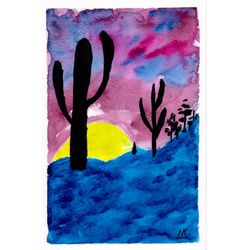 Cacti Painting California Desert Original Art Sunset Painting Watercolor  Artwork