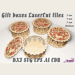 Christmas gift box 4 designs, decoration, laser cut glowforge vector cnc plan, for 3,4,5 mm thicknesses, DXF CDR ai svg