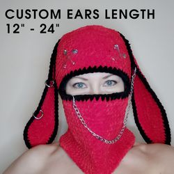 Creepy bunny balaclava crochet Custom ears length Fluffy balaclava with ear Rabbit hat goth for teens Red bunny hat goth