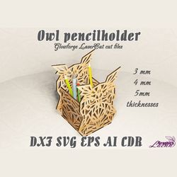 Pencilholder Owl vector model for laser cut cnc plan, for 3, 4, 5 mm thicknesses, DXF CDR ai eps svg vector files