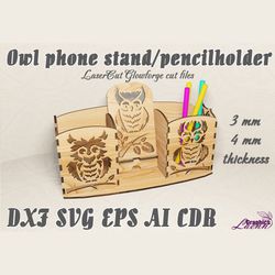Pencilholder with phone stand Owl vector model for laser cut cnc plan, for 3, 4, mm thicknesses, DXF CDR ai eps svg vect