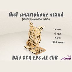 smartphone stand owl vector model for laser cut cnc plan, for 3, 4, 5 mm thicknesses, dxf cdr ai eps svg vector files, g
