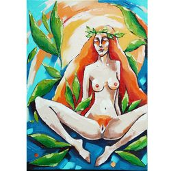 Hippie Painting Naked Woman Original Art Feminism Artwork Oil Canvas 16 by 12 in