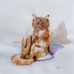 Cat painting original watercolor art ginger cat red cat pet portrait