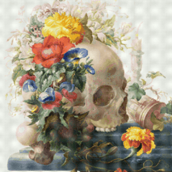 PDF Counted Vintage Cross Stitch Pattern | A Skull surrounded by Beautiful Bright, Colorful Flowers | 5 Sizes