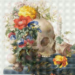 pdf counted vintage cross stitch pattern | a skull surrounded by beautiful bright, colorful flowers | 5 sizes