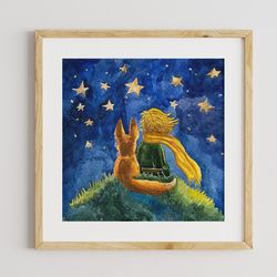 The Little Prince original Watercolor painting,Art for Kids,little prince and fox artwork,handpainted wall decor
