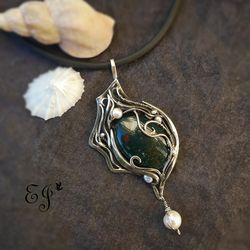 Handmade pendant with heliotrope pearls, wire wrap, Art Nouveau