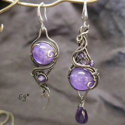 Asymmetric handmade earrings with amethysts, wire wrapped