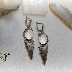 Handmade earrings with clear quartz and jasper, wire wrapped, art deco