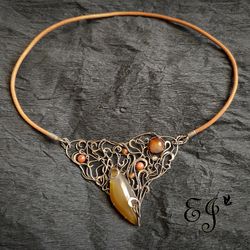 Handmade necklace with carnelian, wire wrapped, Art Nouveau
