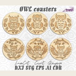 Owl coasters round designs vector model for laser cut cnc plan, for any thicknesses, glowforge, cricut, DXF CDR ai eps s
