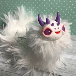 Fluffy caterpillar Art doll with wings Fantasy creature toy OOAK butterfly cute monster with horns