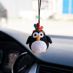 Stuffed penguin car hanging, car accessories for women, rear view mirror charm, cute crochet car pendant, car decor