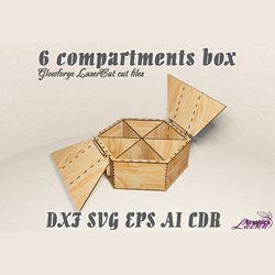 6 compartments box vector model for laser cut cnc plan, for 3 mm thickness, DXF CDR ai eps svg vector files,instant down