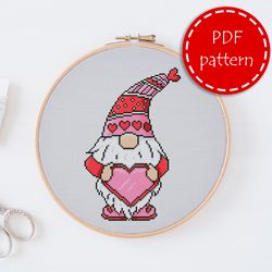 LP0065 Valentines day cross stitch pattern for begginer - Heart gnome xstitch pattern in PDF format - Instant download