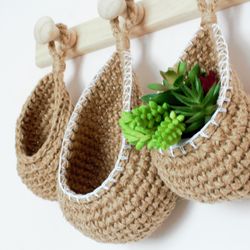 jute wall basket for small things, hanging flower pots, crocheted boho basket, vegan basket