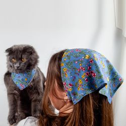 Blue floral bandana set. Cottagecore cat and owner outfit. Pet and mom matching bandana gift.