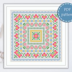 LP0095 Folk cross stitch pattern for begginer - Easy xstitch pattern in PDF format - Instant download - Floral pattern
